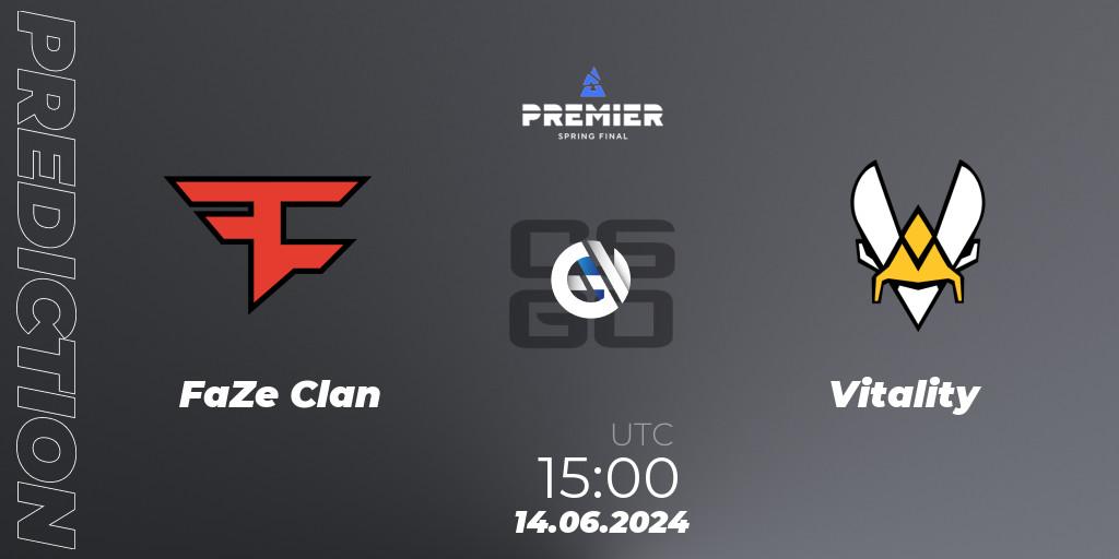 Prognose für das Spiel FaZe Clan VS Vitality. 14.06.2024 at 15:00. Counter-Strike (CS2) - BLAST Premier Spring Final 2024