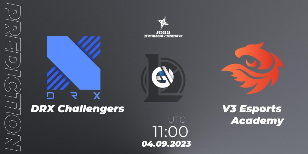 Prognose für das Spiel DRX Challengers VS V3 Esports Academy. 04.09.2023 at 11:48. LoL - Asia Star Challengers Invitational 2023