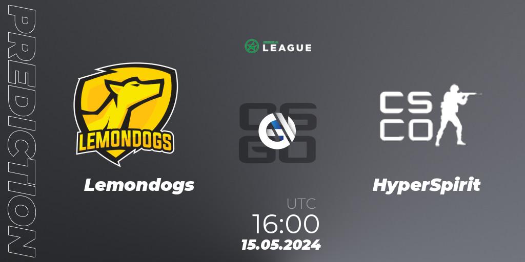 Prognose für das Spiel Lemondogs VS HyperSpirit. 15.05.2024 at 16:00. Counter-Strike (CS2) - ESEA Season 49: Advanced Division - Europe
