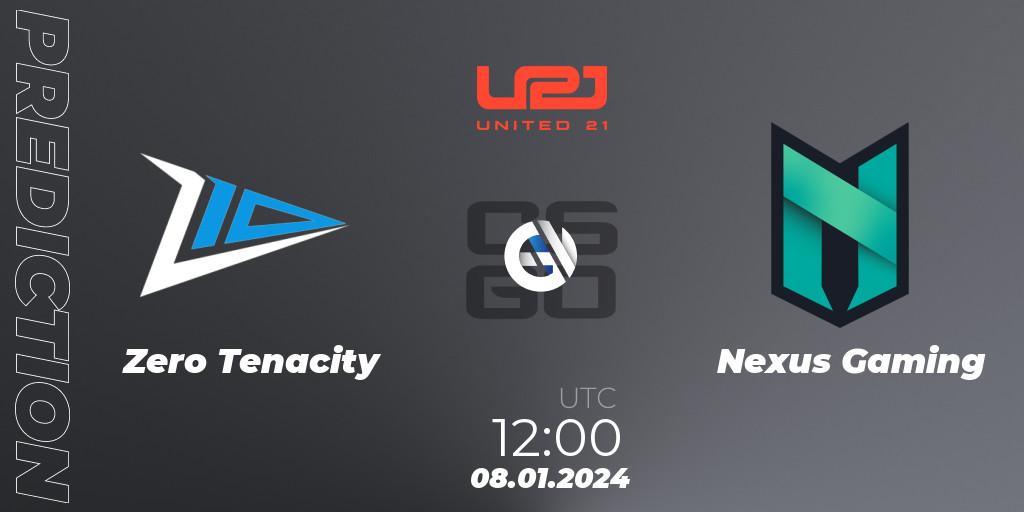 Prognose für das Spiel Zero Tenacity VS Nexus Gaming. 08.01.2024 at 12:10. Counter-Strike (CS2) - United21 Season 10