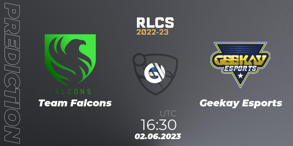 Prognose für das Spiel Team Falcons VS Geekay Esports. 02.06.2023 at 16:20. Rocket League - RLCS 2022-23 - Spring: Middle East and North Africa Regional 3 - Spring Invitational