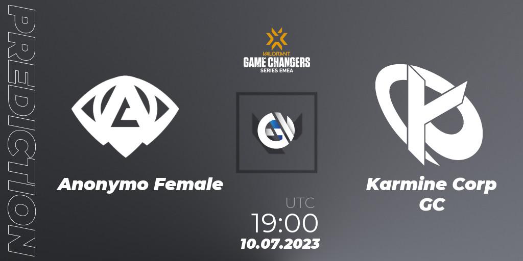 Prognose für das Spiel Anonymo Female VS Karmine Corp GC. 10.07.2023 at 19:10. VALORANT - VCT 2023: Game Changers EMEA Series 2 - Group Stage