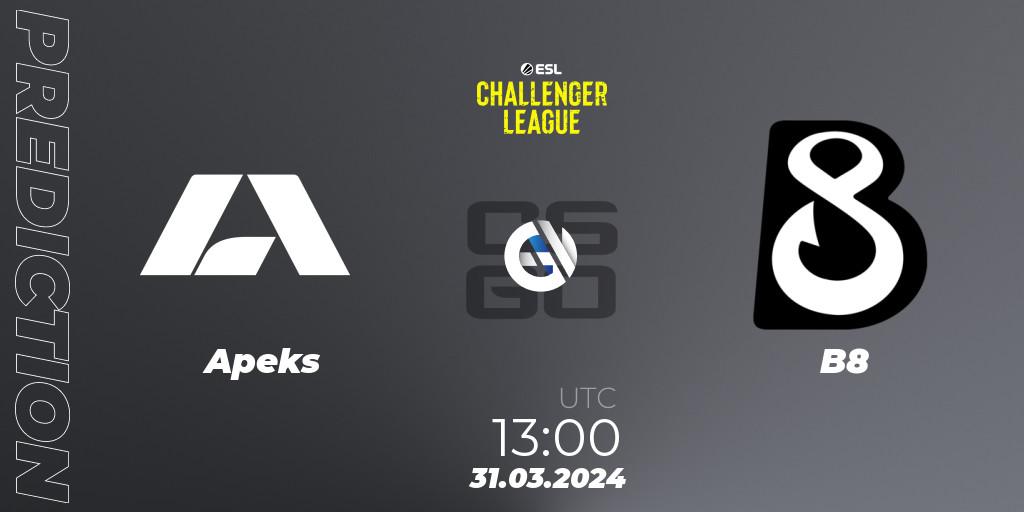 Prognose für das Spiel Apeks VS B8. 31.03.24. CS2 (CS:GO) - ESL Challenger League Season 47: Europe