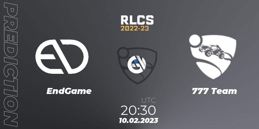 Prognose für das Spiel EndGame VS 777 Team. 10.02.2023 at 20:30. Rocket League - RLCS 2022-23 - Winter: South America Regional 2 - Winter Cup