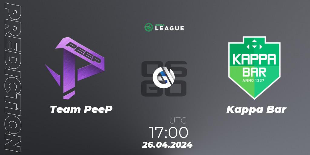 Prognose für das Spiel Team PeeP VS Kappa Bar. 26.04.2024 at 17:00. Counter-Strike (CS2) - ESEA Season 49: Advanced Division - Europe