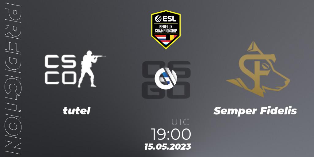 Prognose für das Spiel tutel VS Semper Fidelis. 15.05.2023 at 19:00. Counter-Strike (CS2) - ESL Benelux Championship Spring 2023