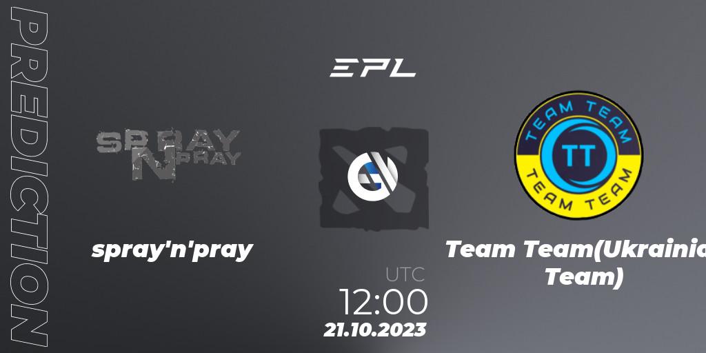 Prognose für das Spiel spray'n'pray VS Team Team(Ukrainian Team). 21.10.2023 at 12:00. Dota 2 - European Pro League Season 13