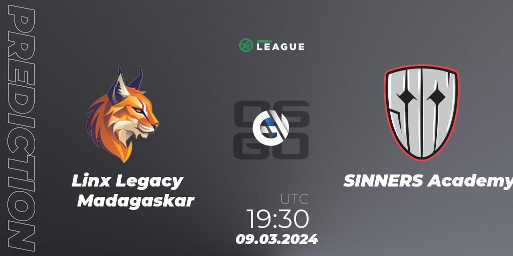 Prognose für das Spiel Linx Legacy Madagaskar VS SINNERS Academy. 09.03.2024 at 19:30. Counter-Strike (CS2) - ESEA Season 48: Main Division - Europe