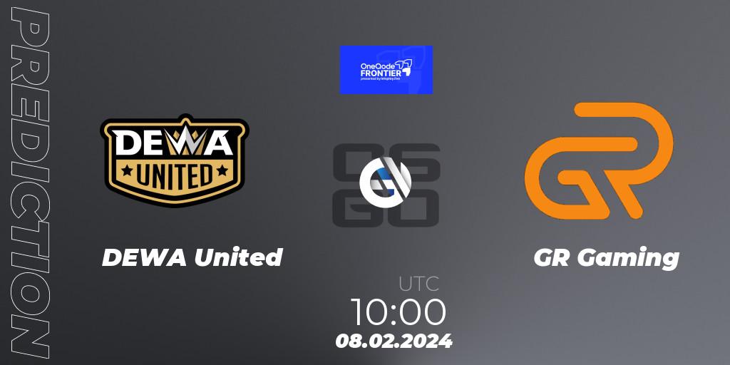Prognose für das Spiel DEWA United VS GR Gaming. 08.02.2024 at 10:00. Counter-Strike (CS2) - OneQode Frontier