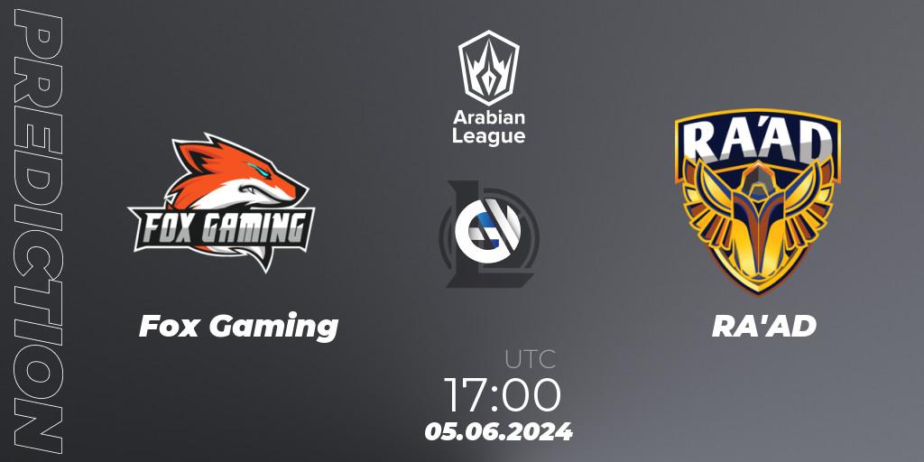 Prognose für das Spiel Fox Gaming VS RA'AD. 05.06.2024 at 17:00. LoL - Arabian League Summer 2024