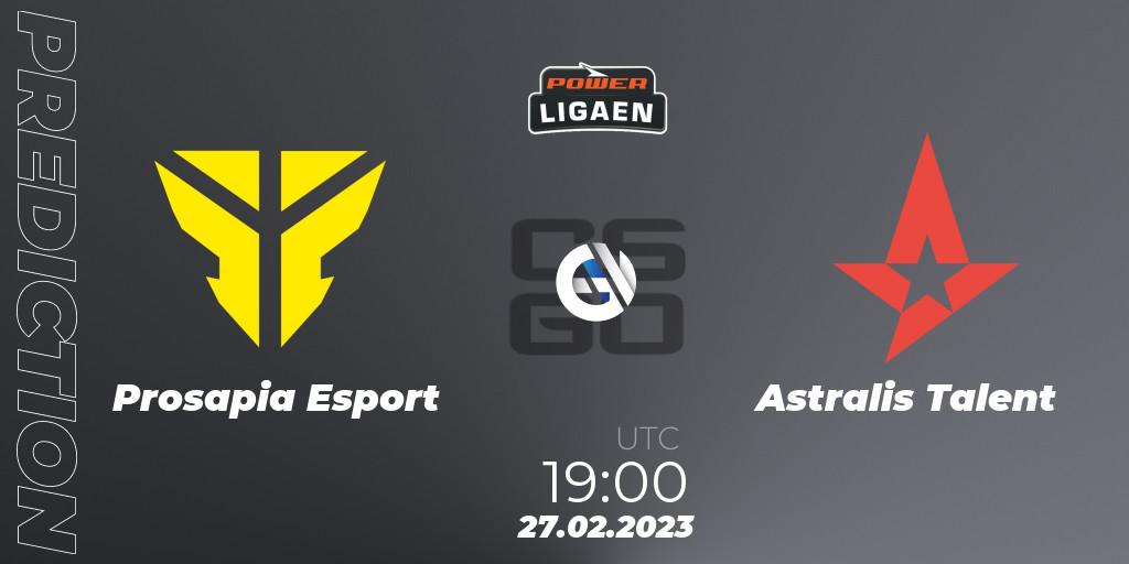 Prognose für das Spiel Prosapia Esport VS Astralis Talent. 27.02.2023 at 19:00. Counter-Strike (CS2) - Dust2.dk Ligaen Season 22