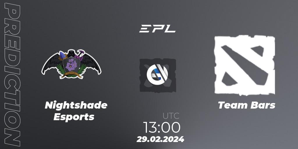 Prognose für das Spiel Nightshade Esports VS Team Bars. 29.02.2024 at 13:30. Dota 2 - European Pro League Season 17: Division 2