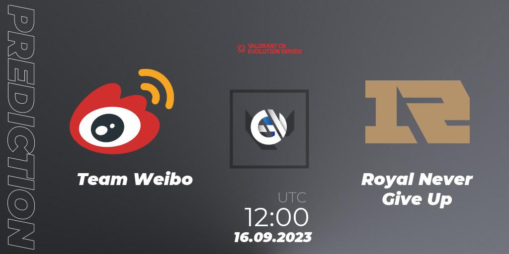 Prognose für das Spiel Team Weibo VS Royal Never Give Up. 16.09.2023 at 12:30. VALORANT - VALORANT China Evolution Series Act 1: Variation - Play-In