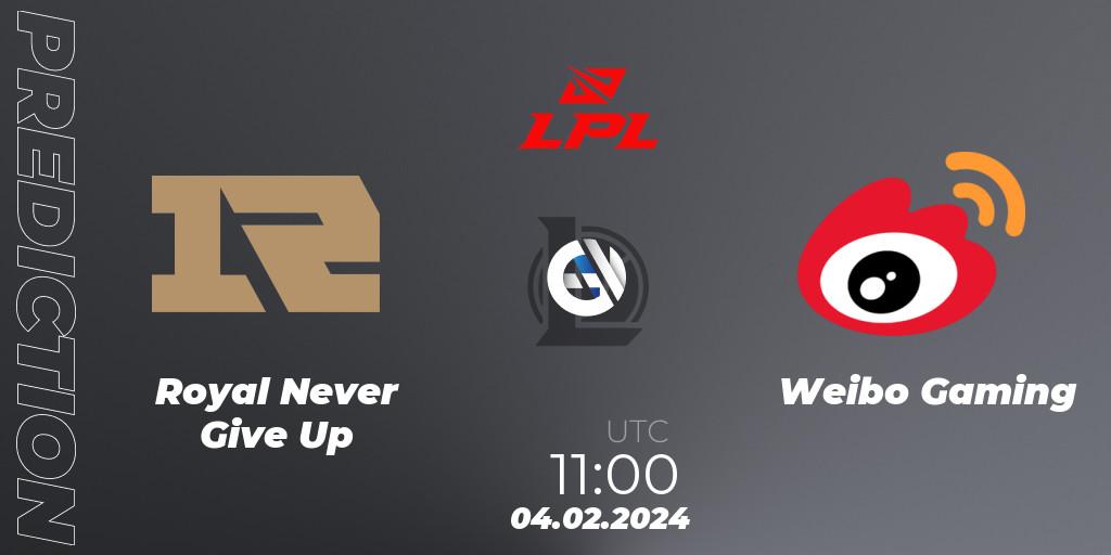 Prognose für das Spiel Royal Never Give Up VS Weibo Gaming. 04.02.2024 at 11:00. LoL - LPL Spring 2024 - Group Stage