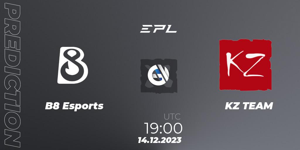 Prognose für das Spiel B8 Esports VS KZ TEAM. 20.12.2023 at 19:04. Dota 2 - European Pro League Season 15