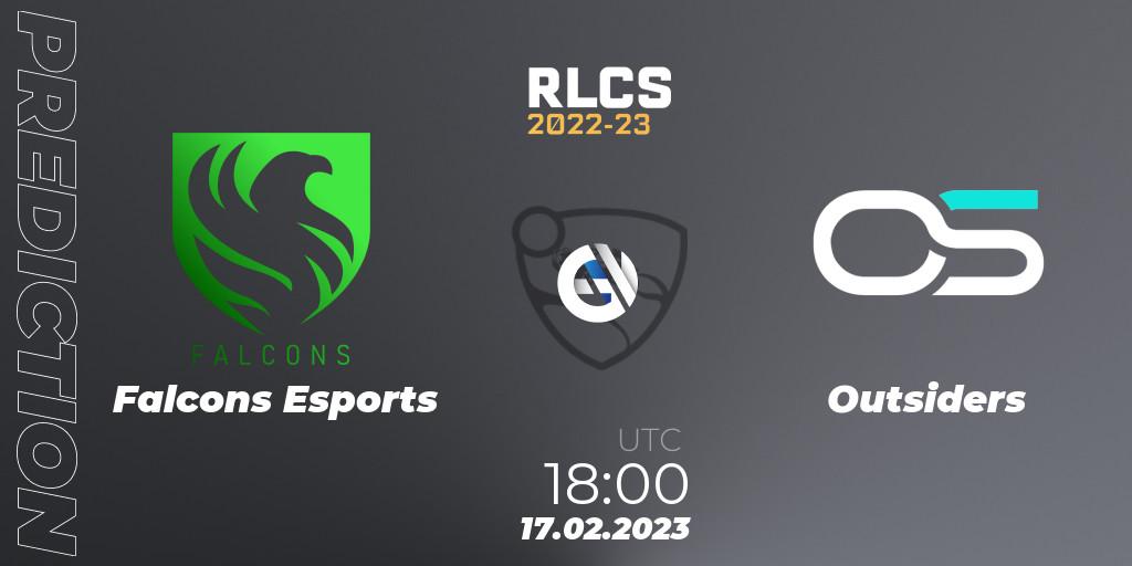 Prognose für das Spiel Falcons Esports VS Outsiders. 17.02.2023 at 18:15. Rocket League - RLCS 2022-23 - Winter: Middle East and North Africa Regional 2 - Winter Cup