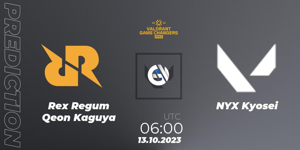 Prognose für das Spiel Rex Regum Qeon Kaguya VS NYX Kyosei. 13.10.2023 at 12:00. VALORANT - VCT 2023: Game Changers APAC Elite