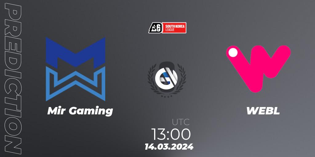Prognose für das Spiel Mir Gaming VS WEBL. 14.03.2024 at 13:00. Rainbow Six - South Korea League 2024 - Stage 1