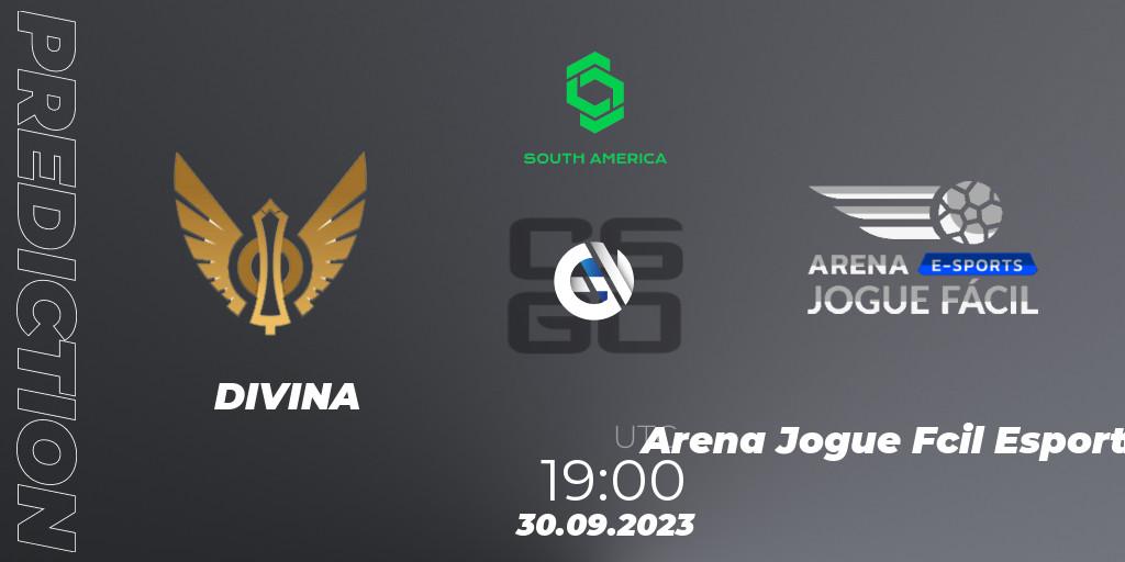 Prognose für das Spiel DIVINA VS Arena Jogue Fácil Esports. 30.09.2023 at 19:00. Counter-Strike (CS2) - CCT South America Series #12: Closed Qualifier