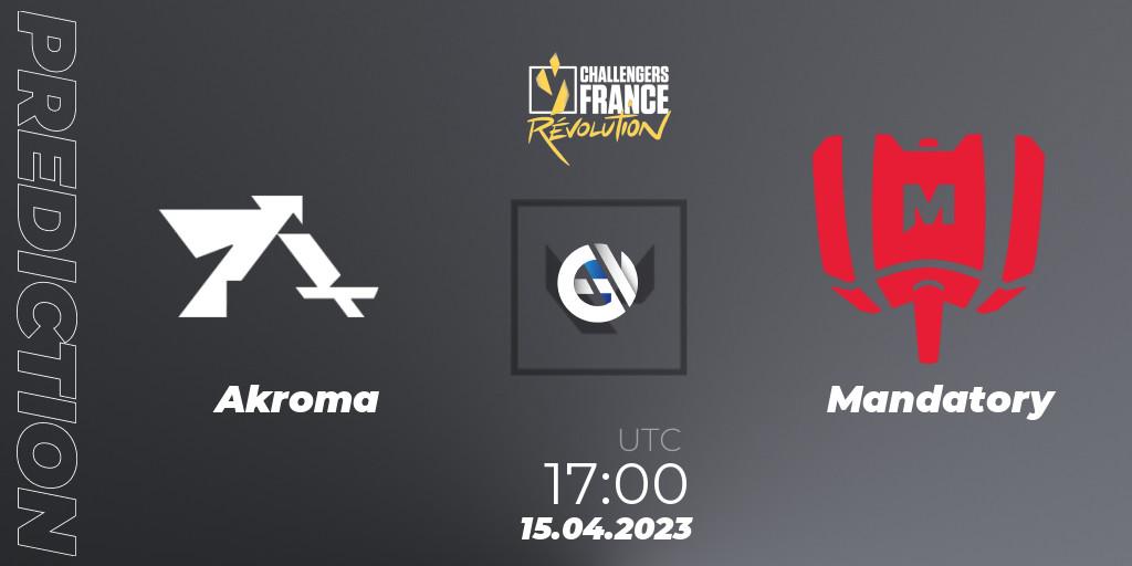 Prognose für das Spiel Akroma VS Mandatory. 15.04.2023 at 17:00. VALORANT - VALORANT Challengers France: Revolution Split 2 - Regular Season