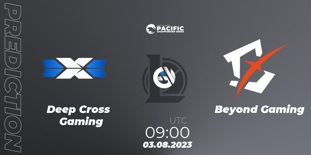 Prognose für das Spiel Deep Cross Gaming VS Beyond Gaming. 04.08.2023 at 09:00. LoL - PACIFIC Championship series Group Stage