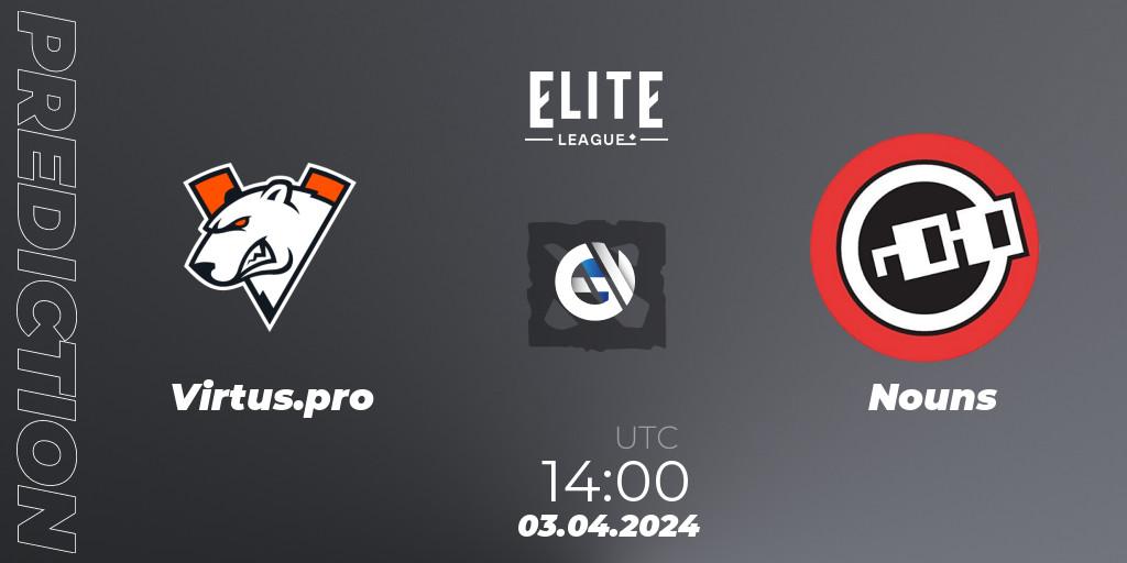 Prognose für das Spiel Virtus.pro VS Nouns. 03.04.24. Dota 2 - Elite League: Swiss Stage