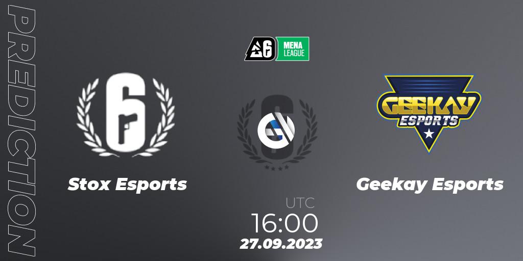 Prognose für das Spiel Stox Esports VS Geekay Esports. 27.09.2023 at 16:00. Rainbow Six - MENA League 2023 - Stage 2
