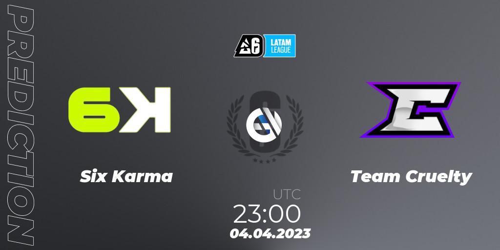 Prognose für das Spiel Six Karma VS Team Cruelty. 04.04.2023 at 23:00. Rainbow Six - LATAM League 2023 - Stage 1