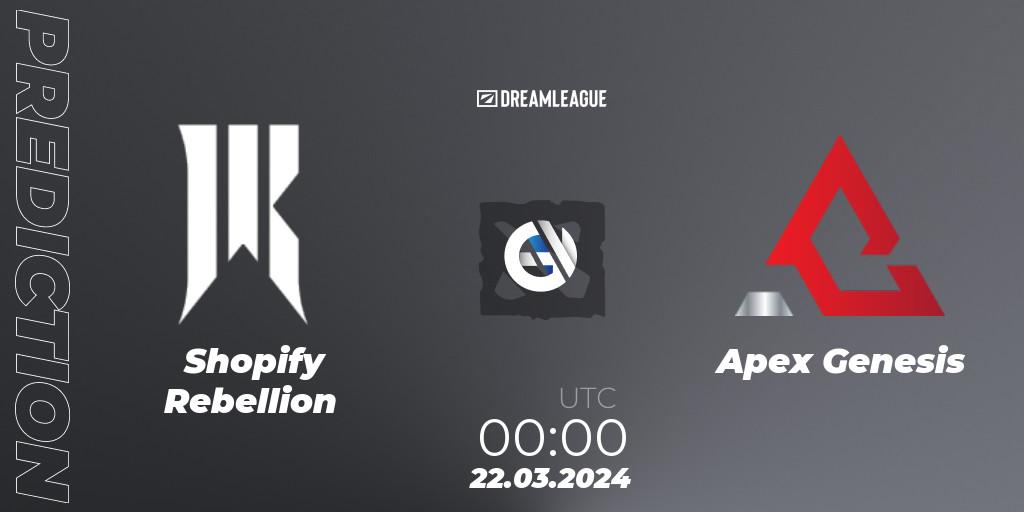 Prognose für das Spiel Shopify Rebellion VS Apex Genesis. 22.03.24. Dota 2 - DreamLeague Season 23: North America Closed Qualifier