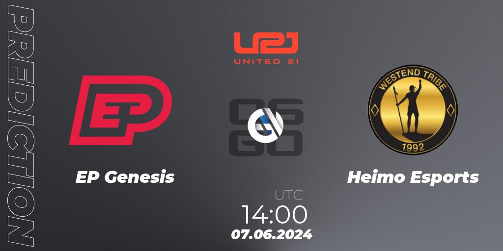 Prognose für das Spiel EP Genesis VS Heimo Esports. 07.06.2024 at 14:00. Counter-Strike (CS2) - United21 Season 14: Division 2