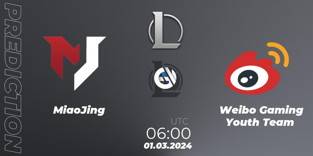 Prognose für das Spiel MiaoJing VS Weibo Gaming Youth Team. 01.03.2024 at 06:00. LoL - LDL 2024 - Stage 1