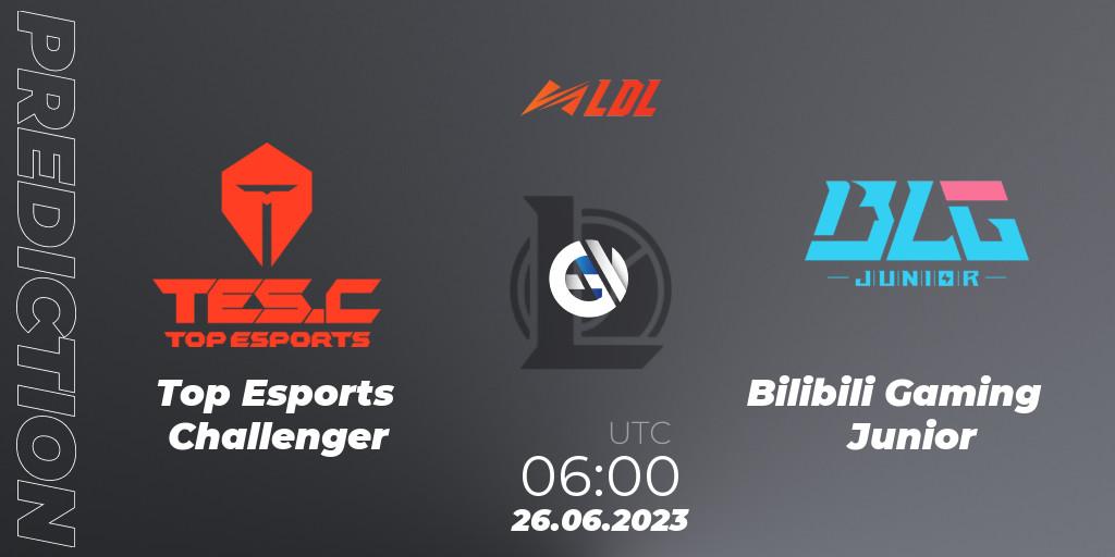 Prognose für das Spiel Top Esports Challenger VS Bilibili Gaming Junior. 26.06.2023 at 06:00. LoL - LDL 2023 - Regular Season - Stage 3
