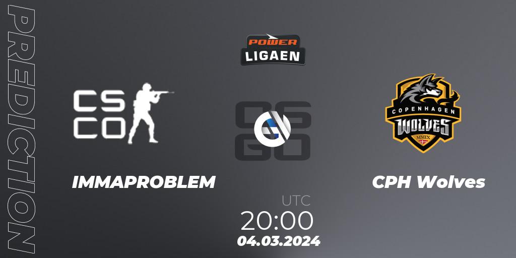 Prognose für das Spiel IMMAPROBLEM VS CPH Wolves. 06.03.2024 at 20:00. Counter-Strike (CS2) - Dust2.dk Ligaen Season 25