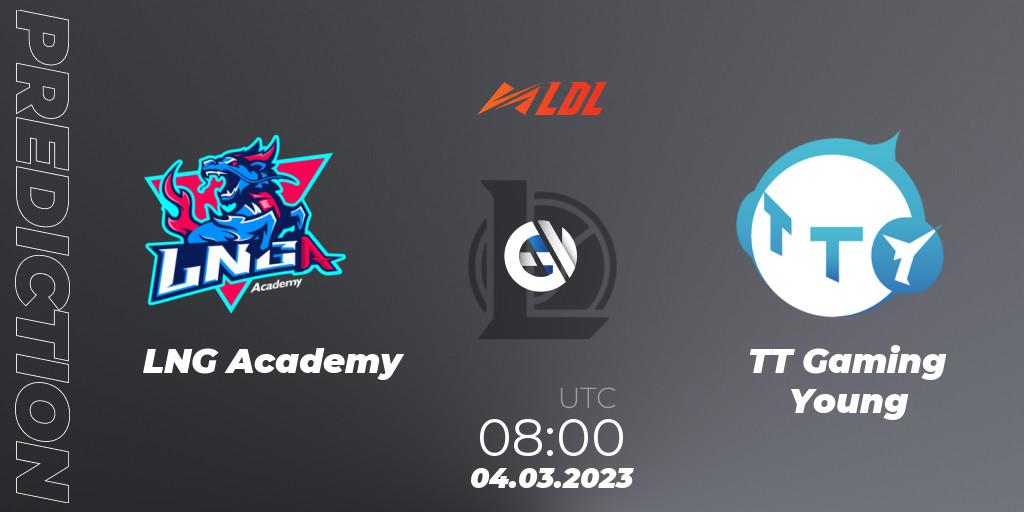Prognose für das Spiel LNG Academy VS TT Gaming Young. 04.03.2023 at 09:00. LoL - LDL 2023 - Regular Season