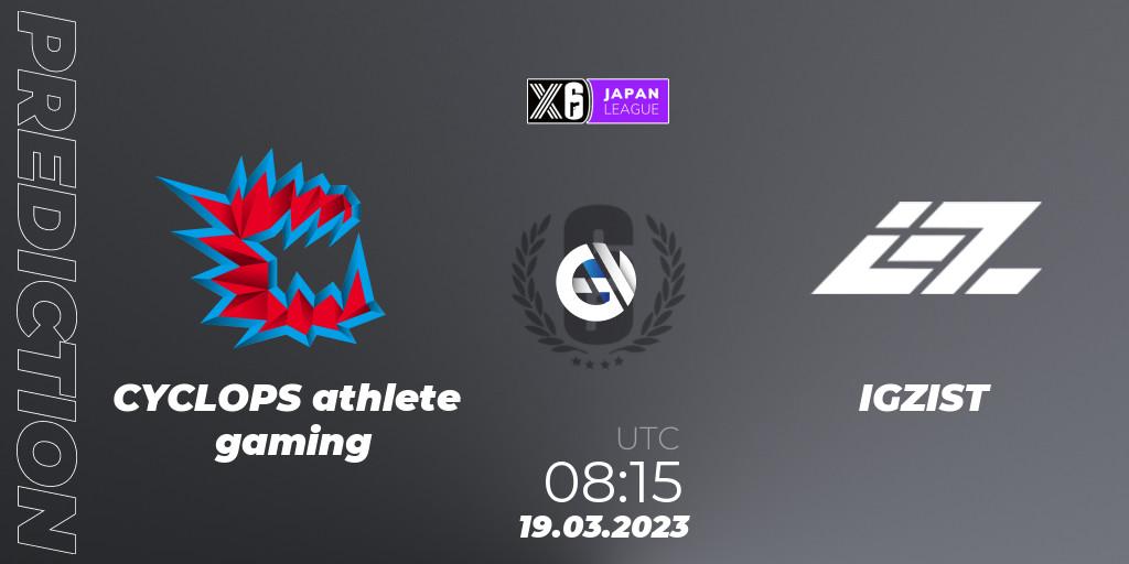 Prognose für das Spiel CYCLOPS athlete gaming VS IGZIST. 19.03.2023 at 08:15. Rainbow Six - Japan League 2023 - Stage 1