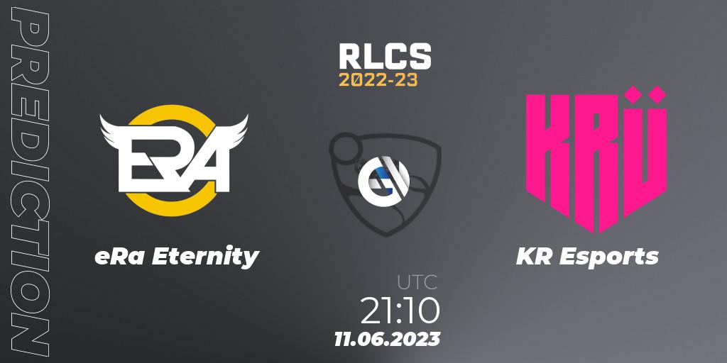 Prognose für das Spiel eRa Eternity VS KRÜ Esports. 11.06.2023 at 21:10. Rocket League - RLCS 2022-23 - Spring: South America Regional 3 - Spring Invitational