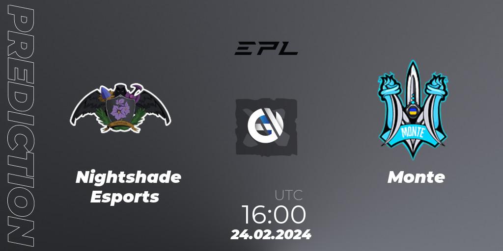 Prognose für das Spiel Nightshade Esports VS Monte. 24.02.2024 at 16:12. Dota 2 - European Pro League Season 17: Division 2