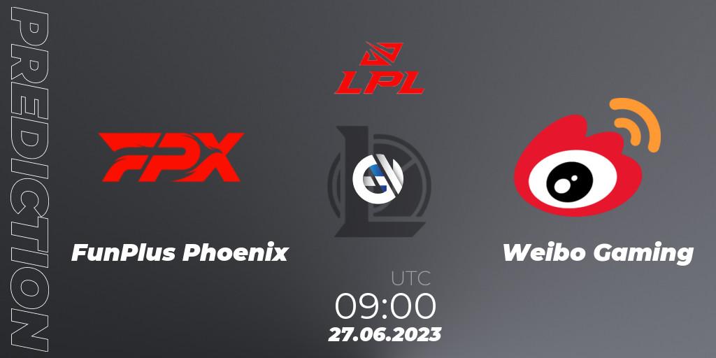Prognose für das Spiel FunPlus Phoenix VS Weibo Gaming. 27.06.2023 at 09:00. LoL - LPL Summer 2023 Regular Season