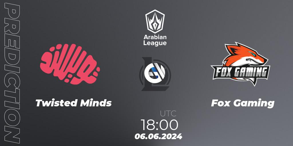 Prognose für das Spiel Twisted Minds VS Fox Gaming. 06.06.2024 at 18:00. LoL - Arabian League Summer 2024
