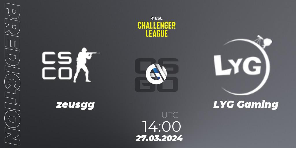 Prognose für das Spiel zeusgg VS LYG Gaming. 27.03.24. CS2 (CS:GO) - ESL Challenger League Season 47: Asia