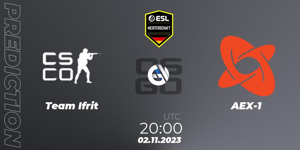 Prognose für das Spiel Team Ifrit VS AEX-1. 02.11.2023 at 20:00. Counter-Strike (CS2) - ESL Meisterschaft: Autumn 2023