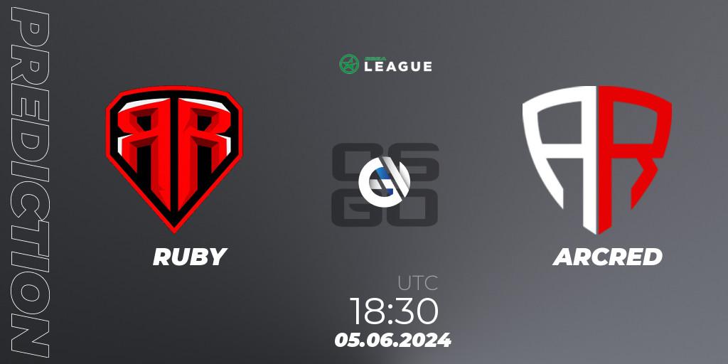 Prognose für das Spiel RUBY VS ARCRED. 05.06.2024 at 14:00. Counter-Strike (CS2) - ESEA Season 49: Advanced Division - Europe