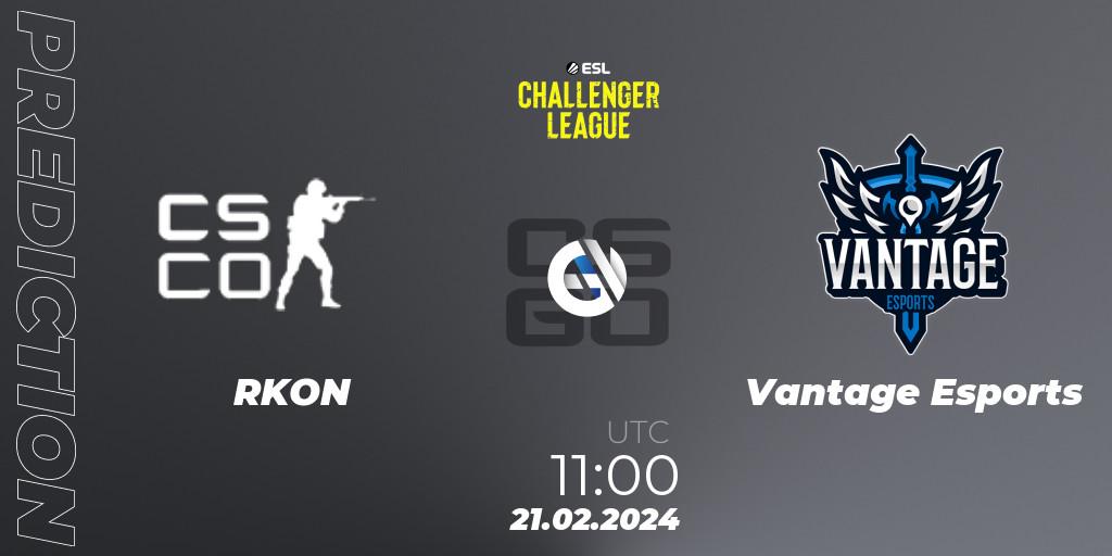 Prognose für das Spiel RKON VS Vantage Esports. 27.02.2024 at 10:00. Counter-Strike (CS2) - ESL Challenger League Season 47: Oceania