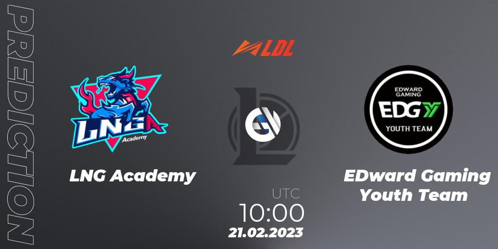 Prognose für das Spiel LNG Academy VS EDward Gaming Youth Team. 21.02.2023 at 12:15. LoL - LDL 2023 - Regular Season