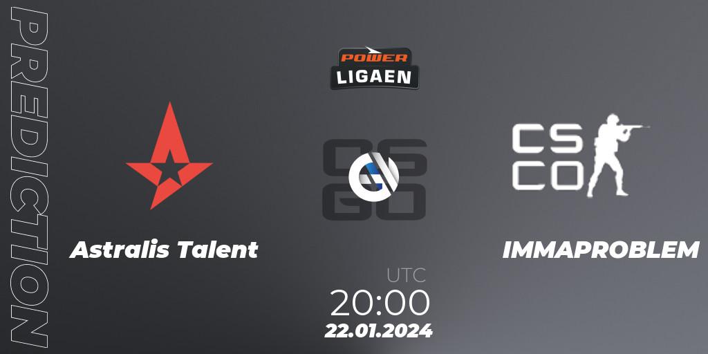 Prognose für das Spiel Astralis Talent VS IMMAPROBLEM. 22.01.2024 at 20:00. Counter-Strike (CS2) - Dust2.dk Ligaen Season 25