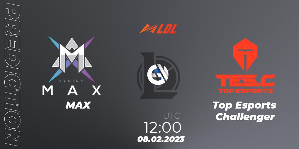 Prognose für das Spiel MAX VS Top Esports Challenger. 08.02.2023 at 11:30. LoL - LDL 2023 - Swiss Stage