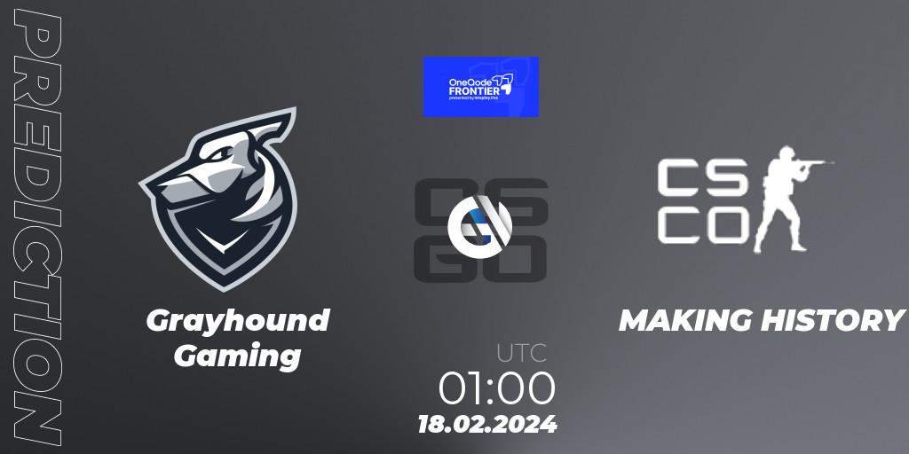 Prognose für das Spiel Grayhound Gaming VS MAKING HISTORY. 18.02.2024 at 01:00. Counter-Strike (CS2) - OneQode Frontier