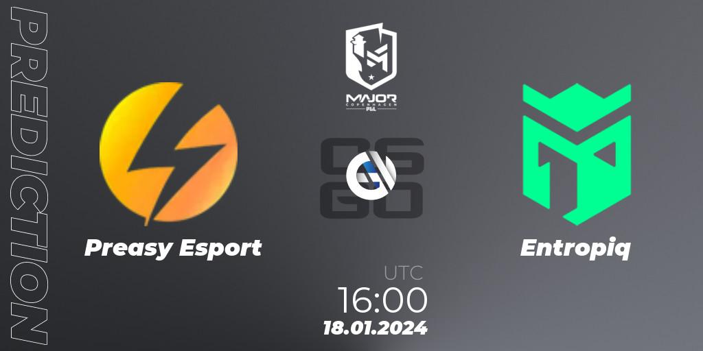 Prognose für das Spiel Preasy Esport VS Entropiq. 18.01.2024 at 16:00. Counter-Strike (CS2) - PGL CS2 Major Copenhagen 2024: European Qualifier B