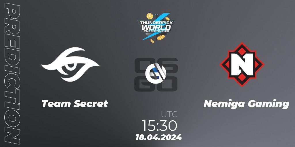 Prognose für das Spiel Team Secret VS Nemiga Gaming. 18.04.24. CS2 (CS:GO) - Thunderpick World Championship 2024: European Series #1