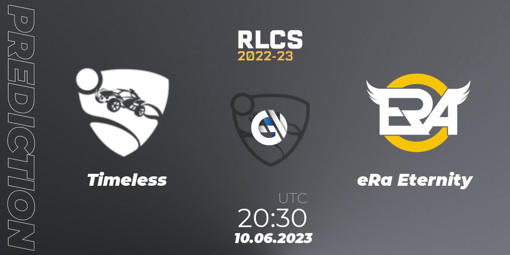 Prognose für das Spiel Timeless VS eRa Eternity. 10.06.2023 at 21:45. Rocket League - RLCS 2022-23 - Spring: South America Regional 3 - Spring Invitational